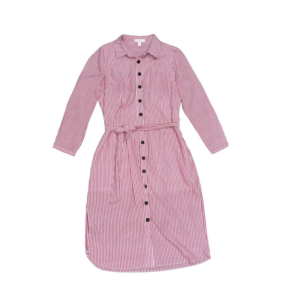 1901 Striped Shirtdress Womens Large Red White Good Belted Midi Long Sleeve